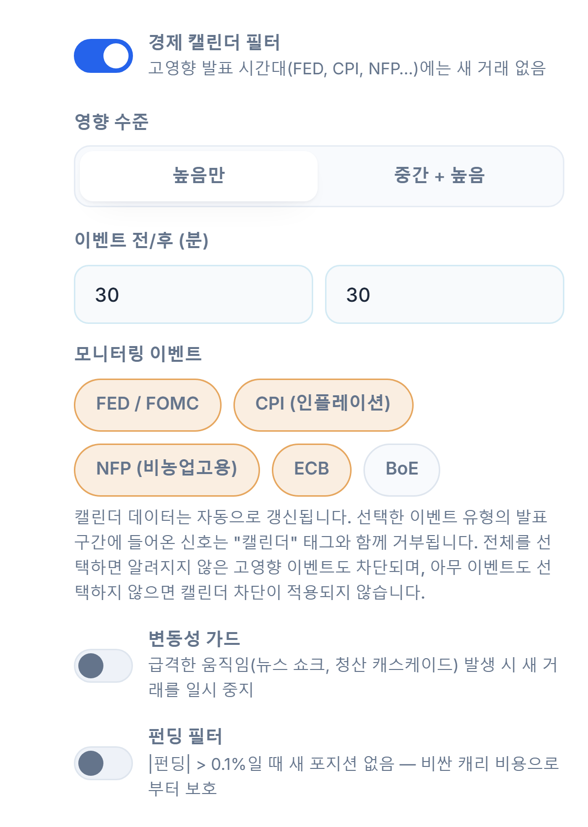 보호 실드 시장 컬럼: 경제 캘린더 필터, 영향 수준, 이벤트 전후 분, 모니터링 이벤트, 변동성 가드, 펀딩 필터