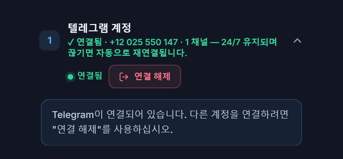 연결 후의 텔레그램 계정 섹션: 초록색 연결됨 배지, 연결 해제 버튼, 텔레그램 연결 안내