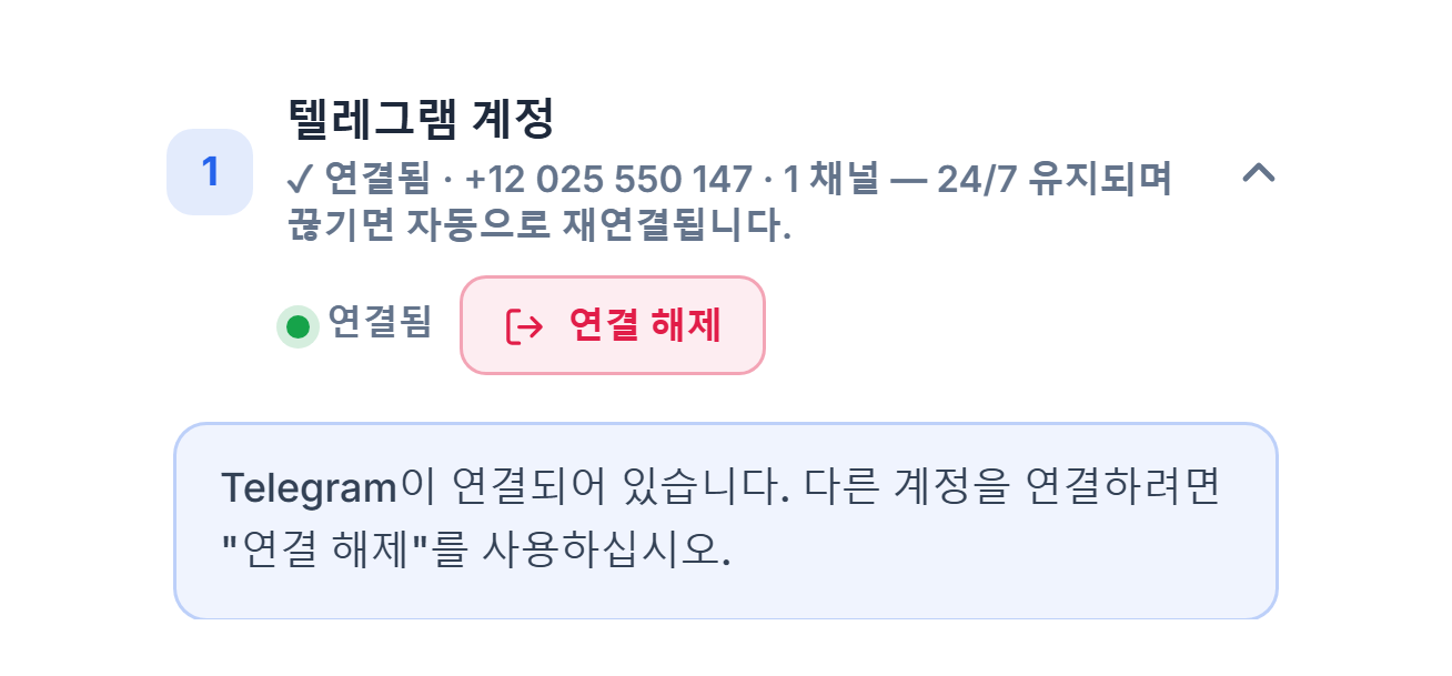 연결 후의 텔레그램 계정 섹션: 초록색 연결됨 배지, 연결 해제 버튼, 텔레그램 연결 안내