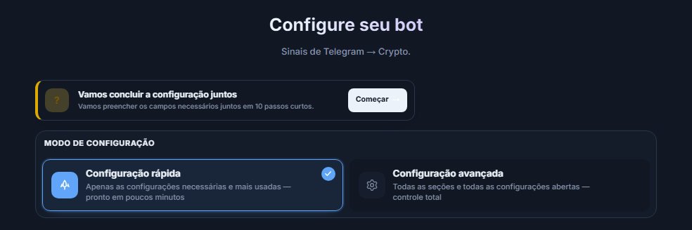 Parte superior da tela Configurar seu bot: botão Começar do guia de configuração, cartões de Configuração rápida e Configuração avançada