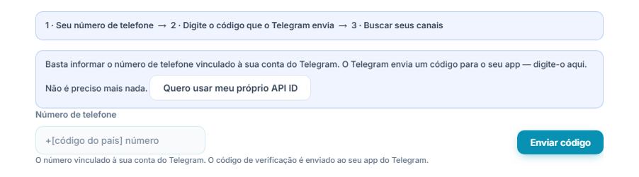 Conexão com o Telegram: barra de passos, campo Número de telefone e botão Enviar código
