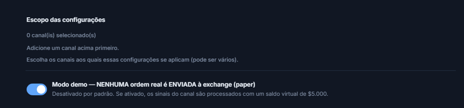 Parte superior de Configuração Crypto: Escopo das configurações (0 canais selecionados) e a chave do modo Demo desligada