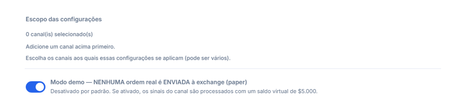 Parte superior de Configuração Crypto: Escopo das configurações (0 canais selecionados) e a chave do modo Demo desligada