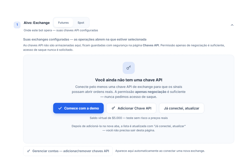 Seção Destino: Exchange, ainda sem chave de API: seleção Futures/Spot, botões Comece com a demo, Adicionar Chave API, Já conectei, atualizar e Gerenciar contas