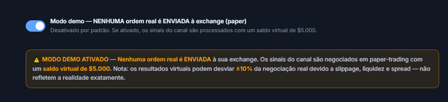 Modo demo ativado: chave na posição ligada e faixa de aviso laranja MODO DEMO ATIVADO