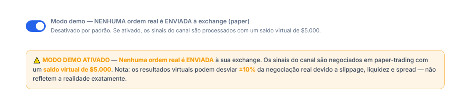 Modo demo ativado: chave na posição ligada e faixa de aviso laranja MODO DEMO ATIVADO