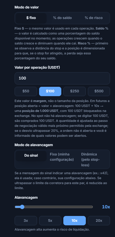 Tamanho da Posição e Alavancagem: modo dólar fixo, valor por operação, modo de alavancagem e controle deslizante de alavancagem