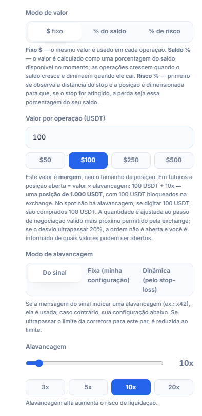 Tamanho da Posição e Alavancagem: modo dólar fixo, valor por operação, modo de alavancagem e controle deslizante de alavancagem