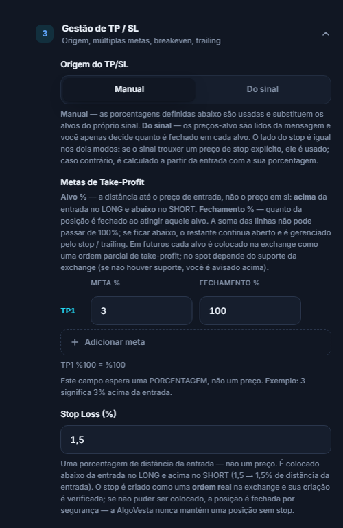 Gestão de TP/SL manual: Origem do TP/SL, tabela de Metas de Take-Profit, Adicionar meta e campo de porcentagem de Stop Loss