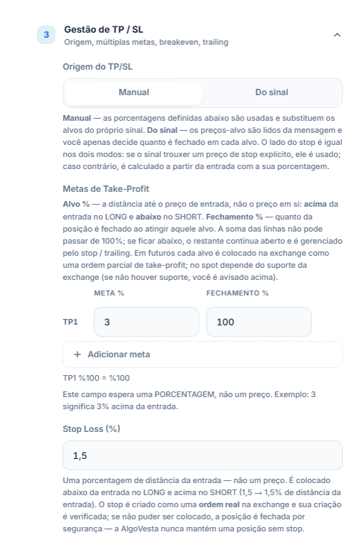 Gestão de TP/SL manual: Origem do TP/SL, tabela de Metas de Take-Profit, Adicionar meta e campo de porcentagem de Stop Loss