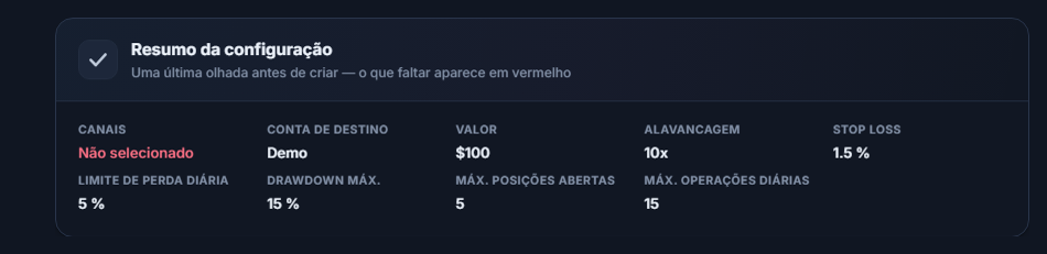 Resumo da configuração: campo Canal em vermelho com Não selecionado, campo Conta de destino mostrando Demo