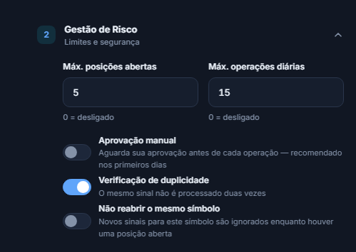 Gestão de Risco avançada: máx. posições e operações diárias, Aprovação manual e aviso vermelho, Verificação de duplicidade, Não reabrir o mesmo símbolo, minutos de Permitir antes de fechar