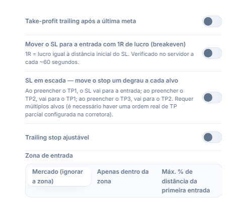 Coluna de gestão de SL/TP: trailing take-profit, breakeven, SL em escada, trailing stop ajustável e campos de ativação/recuo, Zona de entrada