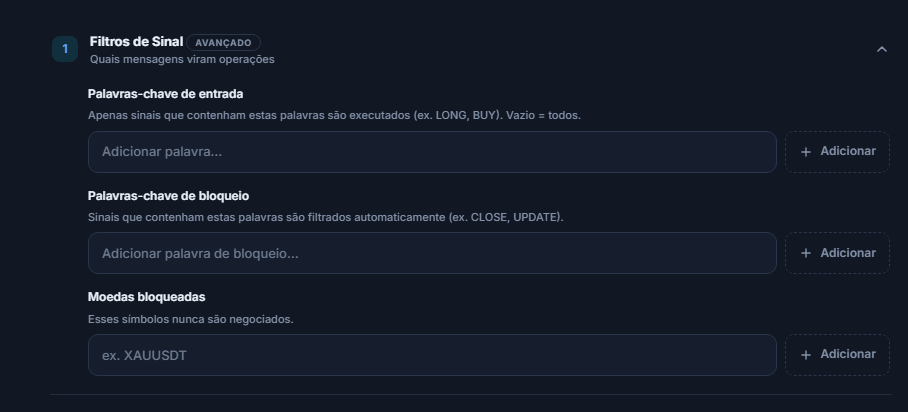 Filtros de Sinal: Palavras-chave de entrada, Palavras-chave de bloqueio e Moedas bloqueadas