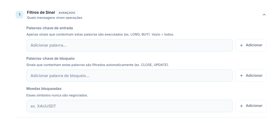Filtros de Sinal: Palavras-chave de entrada, Palavras-chave de bloqueio e Moedas bloqueadas