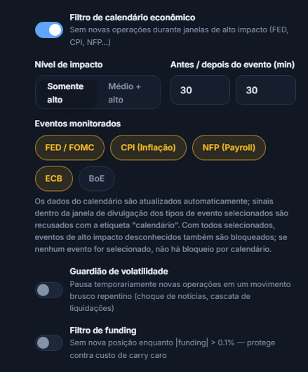 Coluna de mercado do Escudo de Proteção: filtro de calendário econômico, nível de impacto, minutos antes e depois do evento, eventos monitorados, guardião de volatilidade e filtro de funding