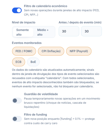 Coluna de mercado do Escudo de Proteção: filtro de calendário econômico, nível de impacto, minutos antes e depois do evento, eventos monitorados, guardião de volatilidade e filtro de funding