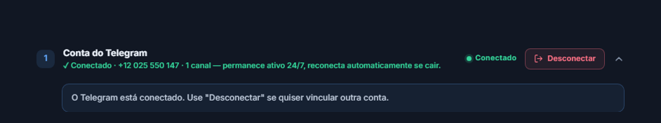 Seção Conta do Telegram depois de conectada: selo verde Conectado, botão Desconectar e a nota de Telegram conectado