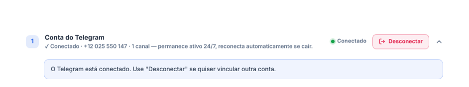 Seção Conta do Telegram depois de conectada: selo verde Conectado, botão Desconectar e a nota de Telegram conectado