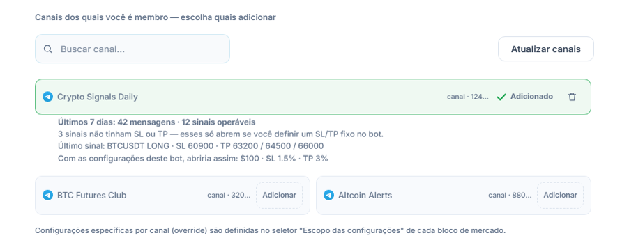 Seção Canais de Sinal depois de conectada: caixa de busca de canal, botão Atualizar canais, canais com o botão Adicionar, marca Adicionado em um canal já adicionado e, abaixo, a verificação de 7 dias do canal