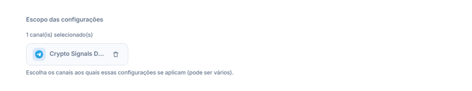 Seção Escopo das configurações depois de adicionar um canal: contador de 1 canal selecionado, chip do canal selecionado com marca verde e botão de remover no chip