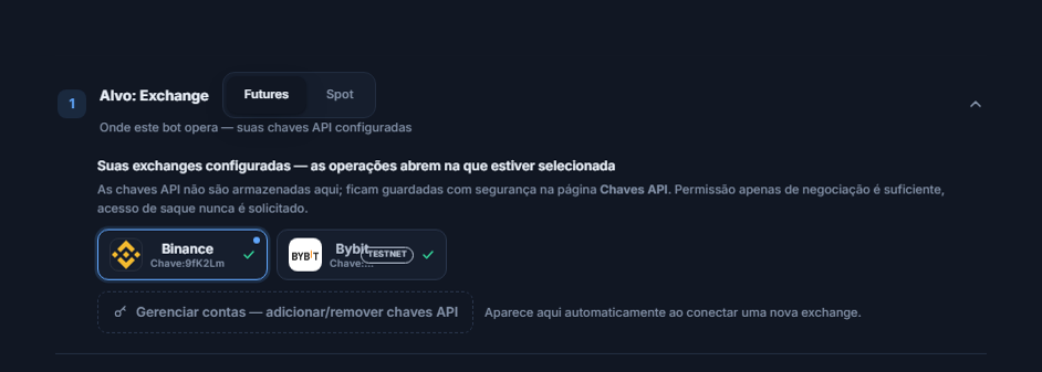 Seção Destino: Exchange depois de conectar a chave de API: seleção Futures/Spot, cartão da Binance selecionado com borda azul, cartão da Bybit com selo TESTNET e link Gerenciar contas