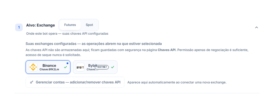 Seção Destino: Exchange depois de conectar a chave de API: seleção Futures/Spot, cartão da Binance selecionado com borda azul, cartão da Bybit com selo TESTNET e link Gerenciar contas