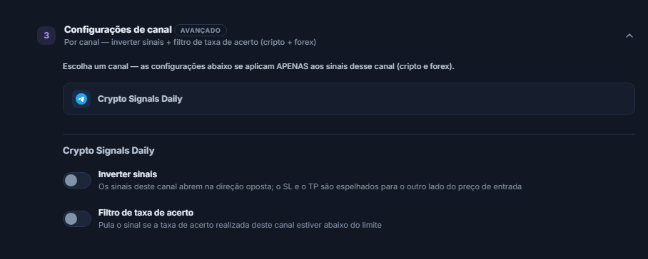 Sanfona Configurações do canal: linha do canal selecionado com borda, e abaixo as chaves Inverter sinais e Filtro de taxa de acerto