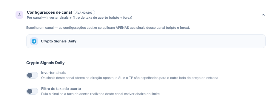 Sanfona Configurações do canal: linha do canal selecionado com borda, e abaixo as chaves Inverter sinais e Filtro de taxa de acerto