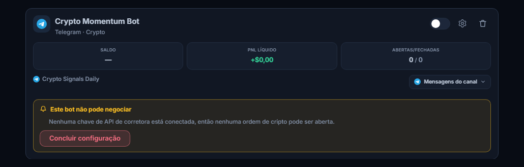 Cartão de bot recém-criado no painel Meus bots: nome e fonte do bot, lista Este bot não pode abrir operações e botão Concluir configuração