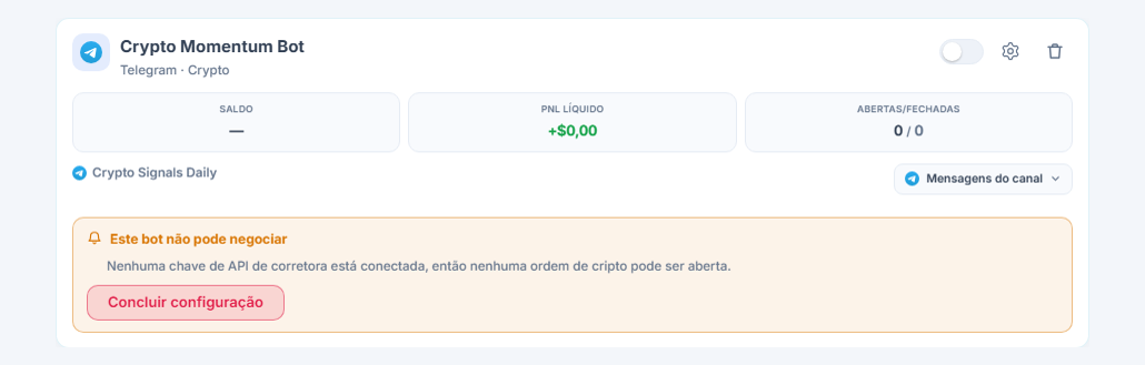 Cartão de bot recém-criado no painel Meus bots: nome e fonte do bot, lista Este bot não pode abrir operações e botão Concluir configuração