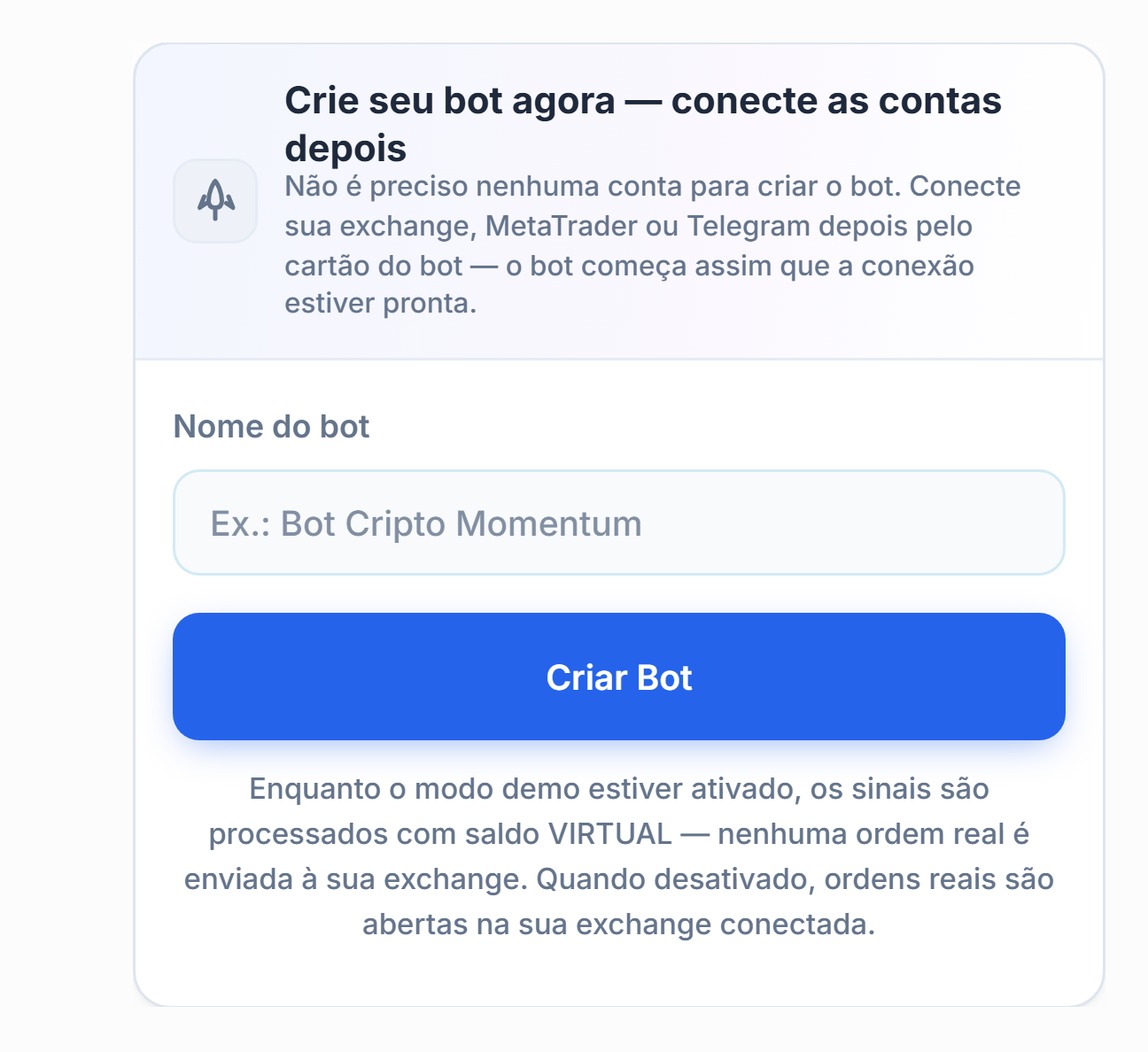 Painel Criar seu bot agora: campo Nome do bot e botão Criar Bot