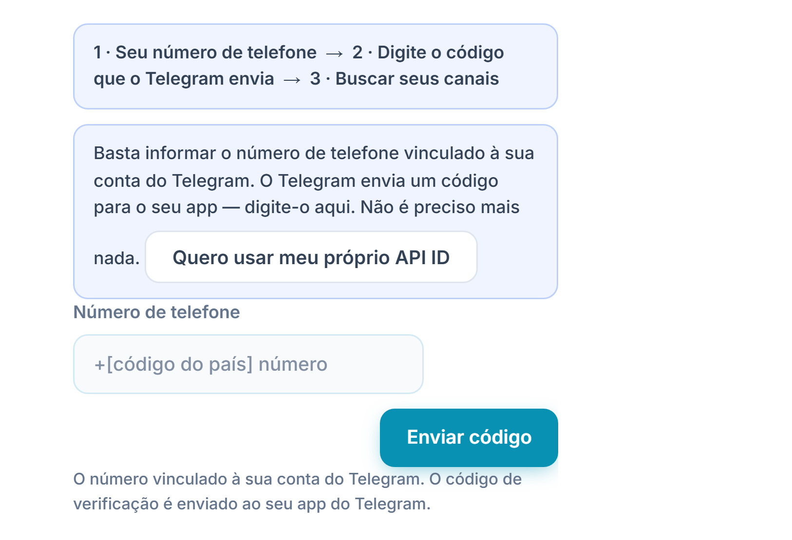 Conexão com o Telegram: barra de passos, campo Número de telefone e botão Enviar código