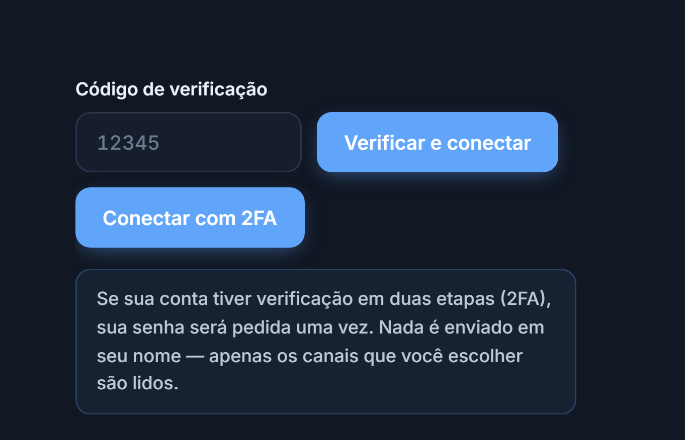 Campo Código de verificação e botão Verificar e conectar