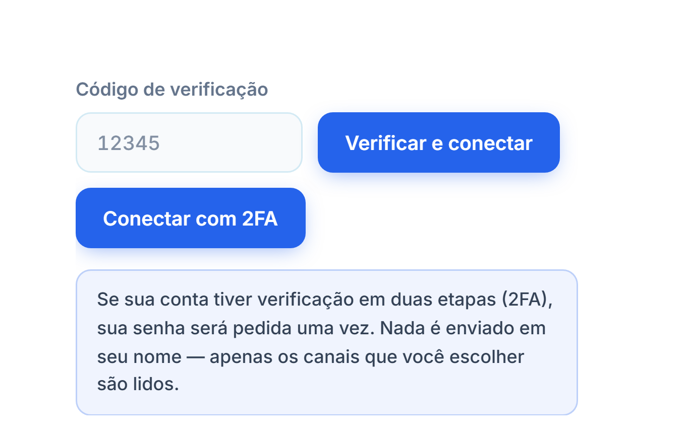 Campo Código de verificação e botão Verificar e conectar