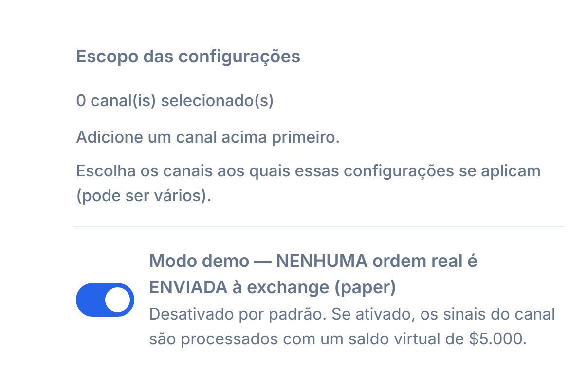 Parte superior de Configuração Crypto: Escopo das configurações (0 canais selecionados) e a chave do modo Demo desligada