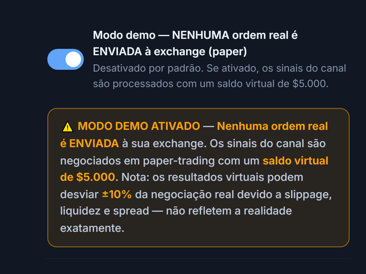 Modo demo ativado: chave na posição ligada e faixa de aviso laranja MODO DEMO ATIVADO