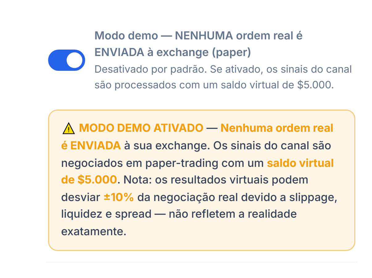 Modo demo ativado: chave na posição ligada e faixa de aviso laranja MODO DEMO ATIVADO
