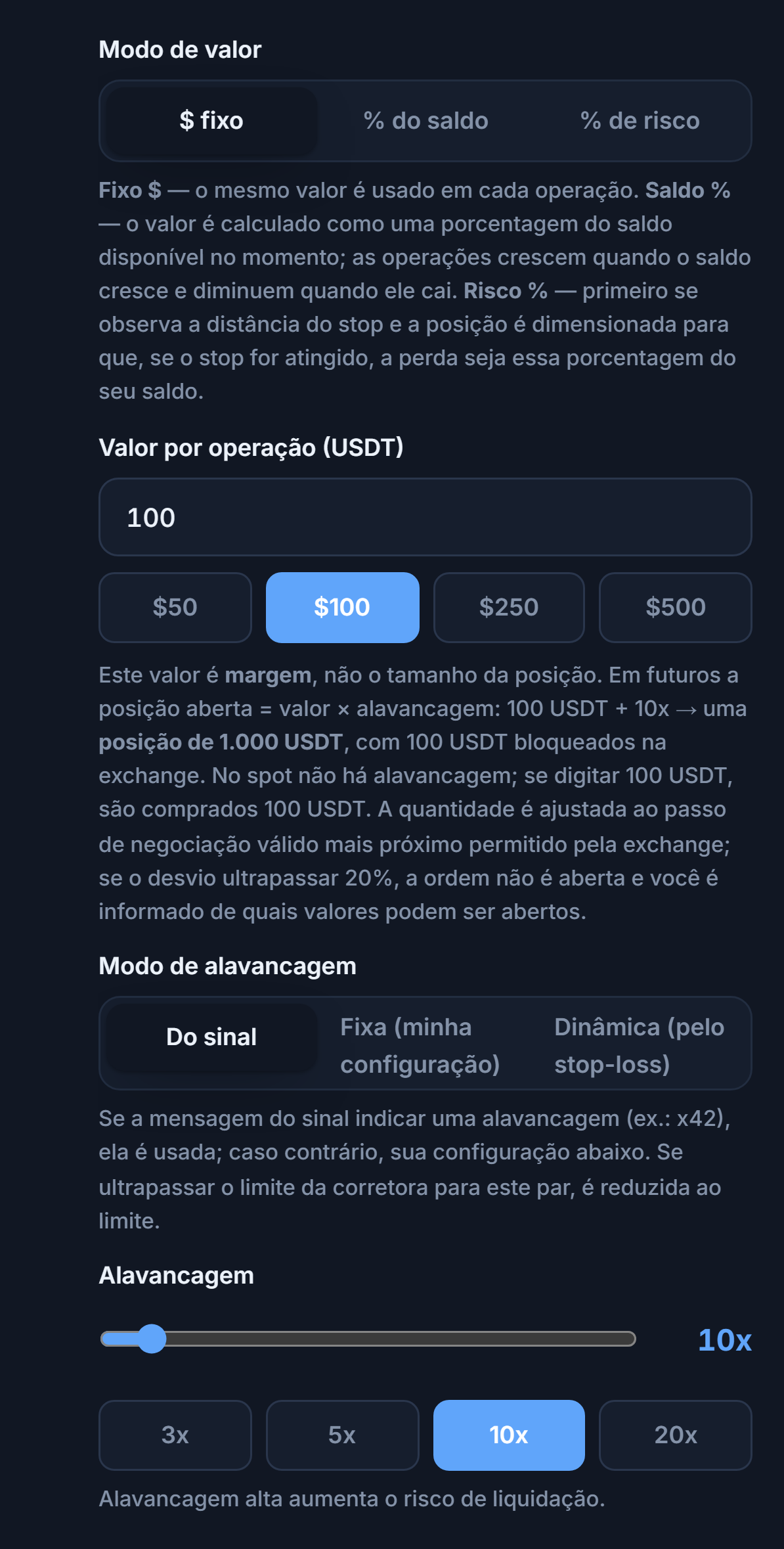 Tamanho da Posição e Alavancagem: modo dólar fixo, valor por operação, modo de alavancagem e controle deslizante de alavancagem