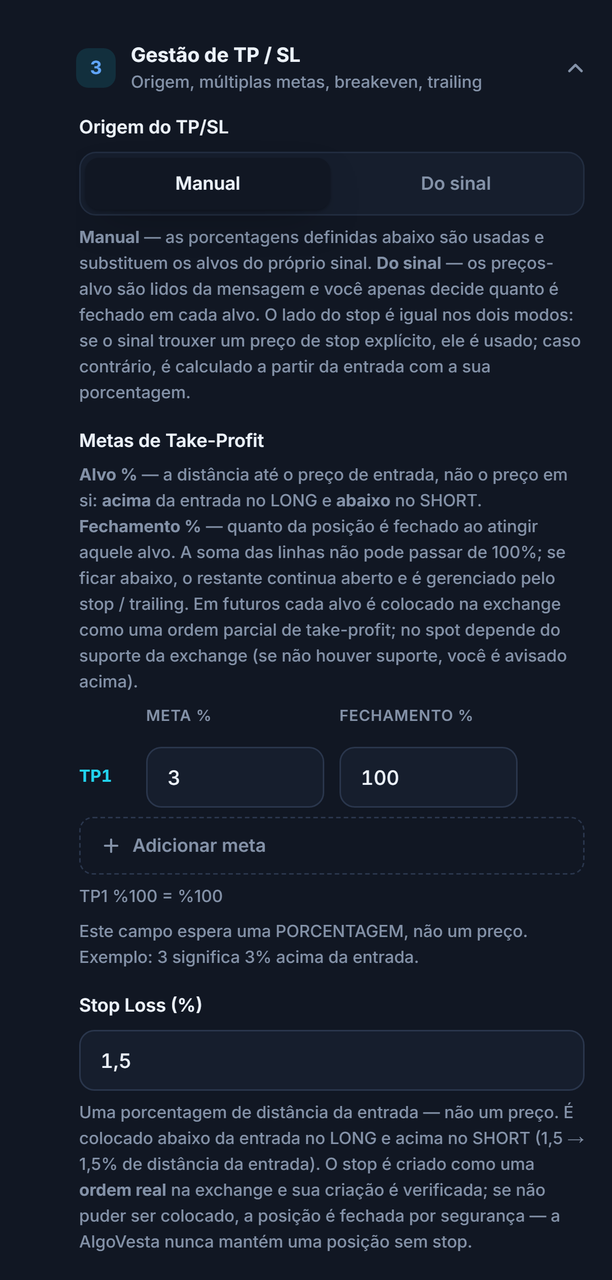 Gestão de TP/SL manual: Origem do TP/SL, tabela de Metas de Take-Profit, Adicionar meta e campo de porcentagem de Stop Loss