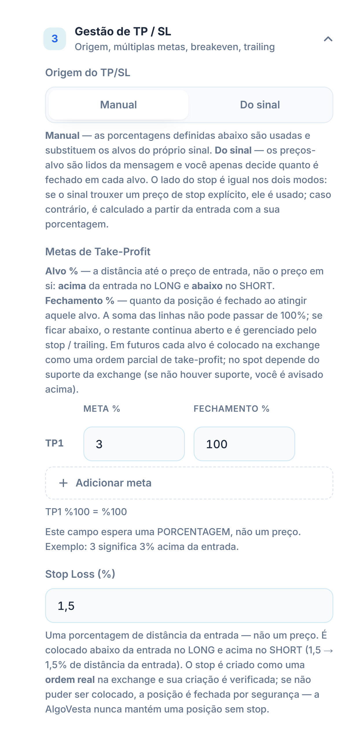 Gestão de TP/SL manual: Origem do TP/SL, tabela de Metas de Take-Profit, Adicionar meta e campo de porcentagem de Stop Loss