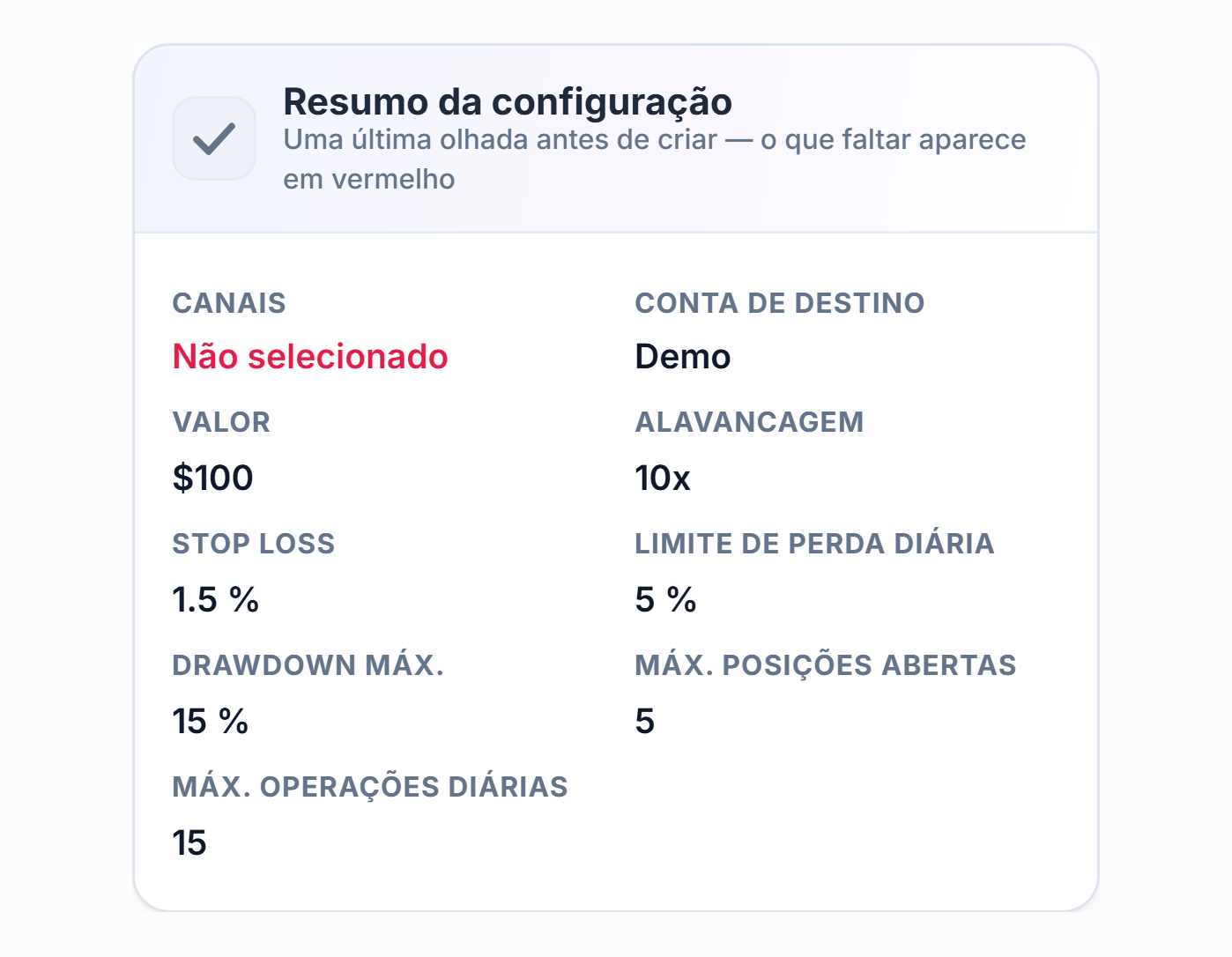 Resumo da configuração: campo Canal em vermelho com Não selecionado, campo Conta de destino mostrando Demo