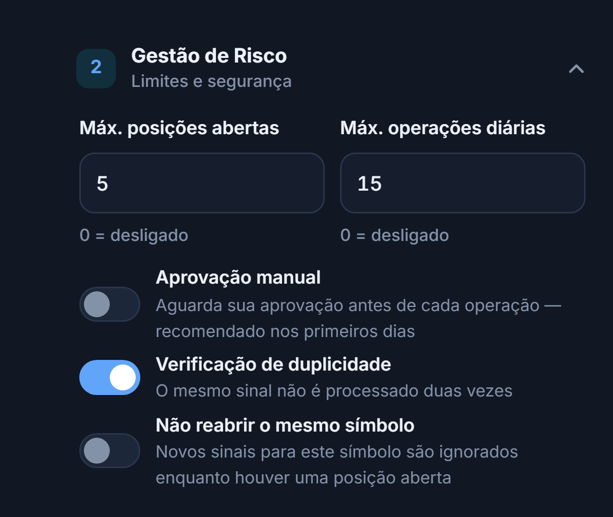 Gestão de Risco avançada: máx. posições e operações diárias, Aprovação manual e aviso vermelho, Verificação de duplicidade, Não reabrir o mesmo símbolo, minutos de Permitir antes de fechar