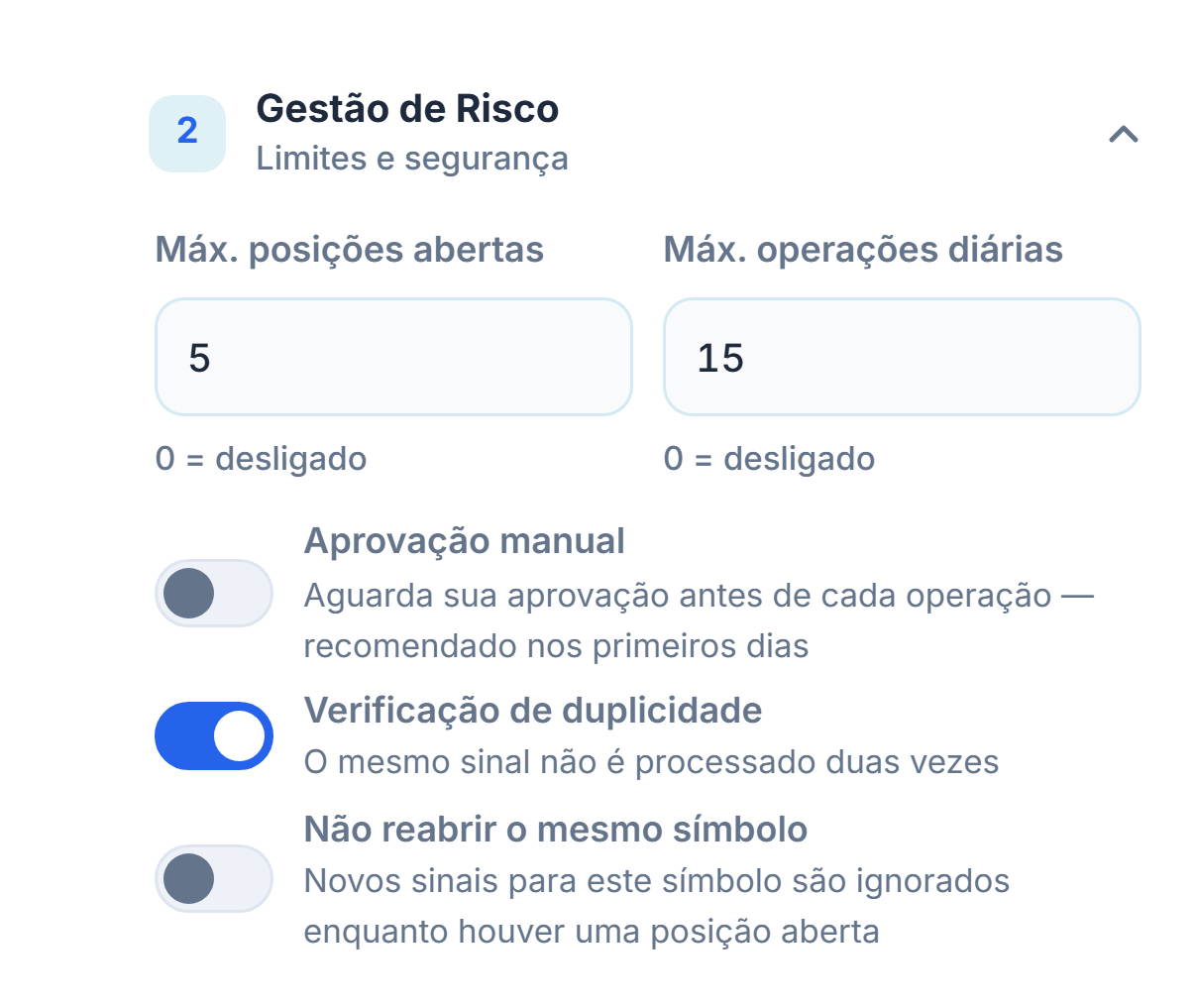 Gestão de Risco avançada: máx. posições e operações diárias, Aprovação manual e aviso vermelho, Verificação de duplicidade, Não reabrir o mesmo símbolo, minutos de Permitir antes de fechar