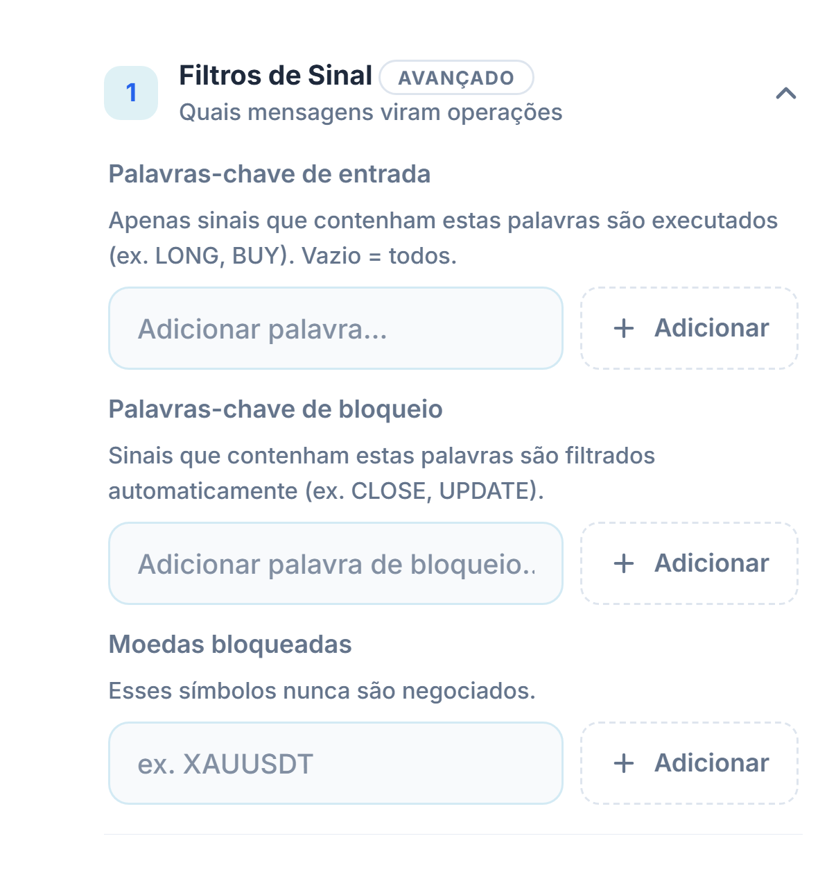 Filtros de Sinal: Palavras-chave de entrada, Palavras-chave de bloqueio e Moedas bloqueadas
