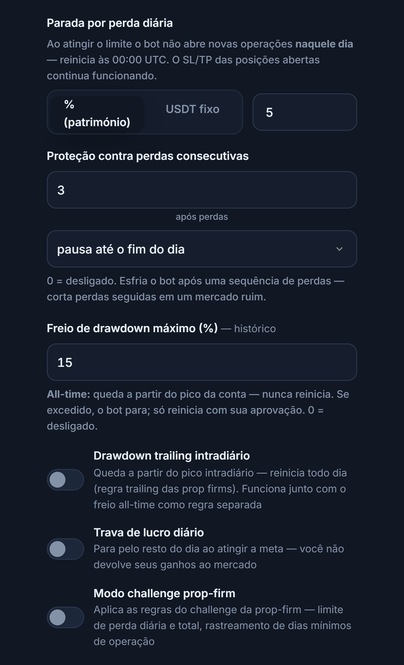 Escudo de Proteção avançado, coluna de perda: perda diária, perdas consecutivas, drawdown máx., drawdown trailing intradiário, limite de queda intradiária e horário de reinício, trava de lucro diário