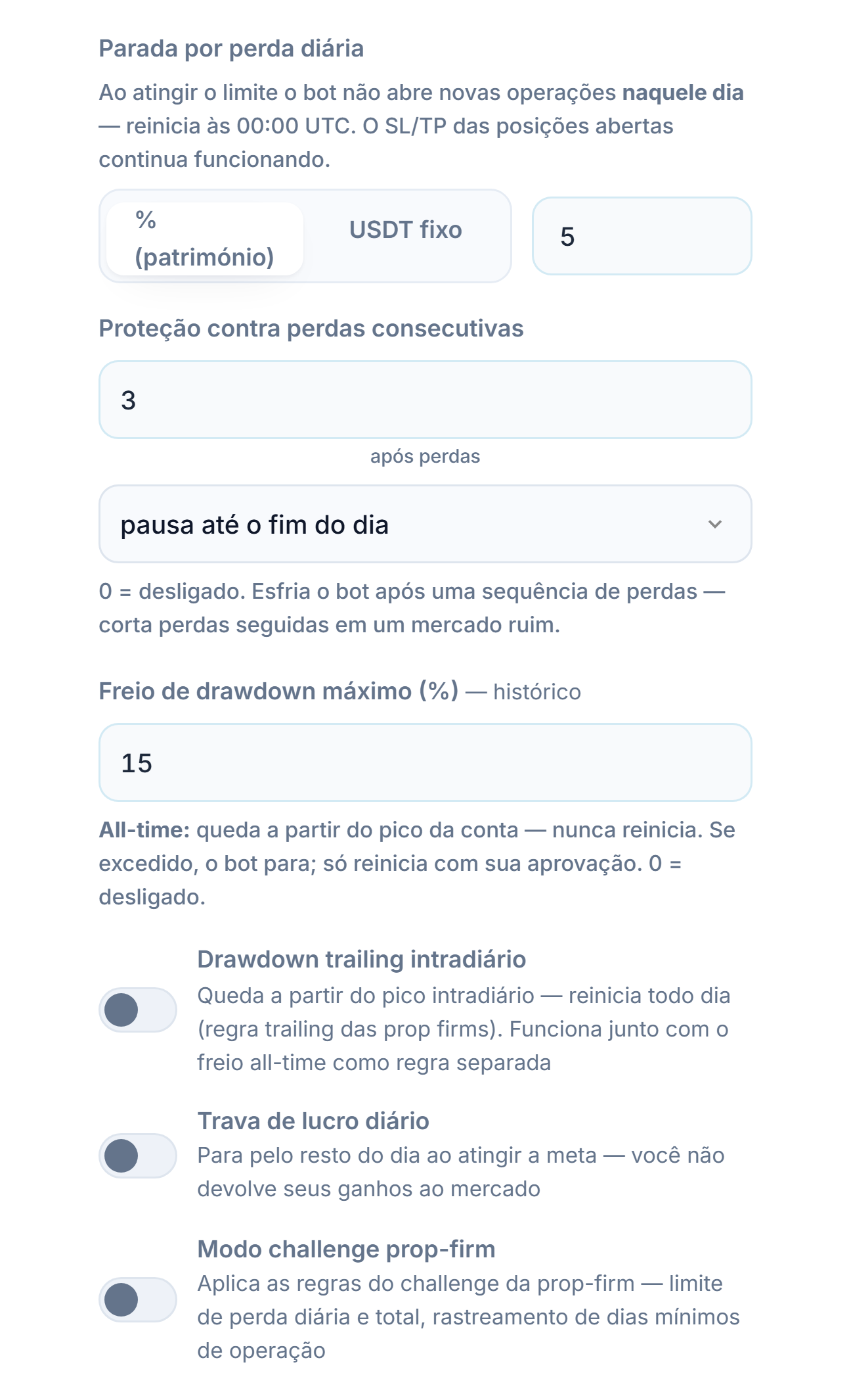 Escudo de Proteção avançado, coluna de perda: perda diária, perdas consecutivas, drawdown máx., drawdown trailing intradiário, limite de queda intradiária e horário de reinício, trava de lucro diário