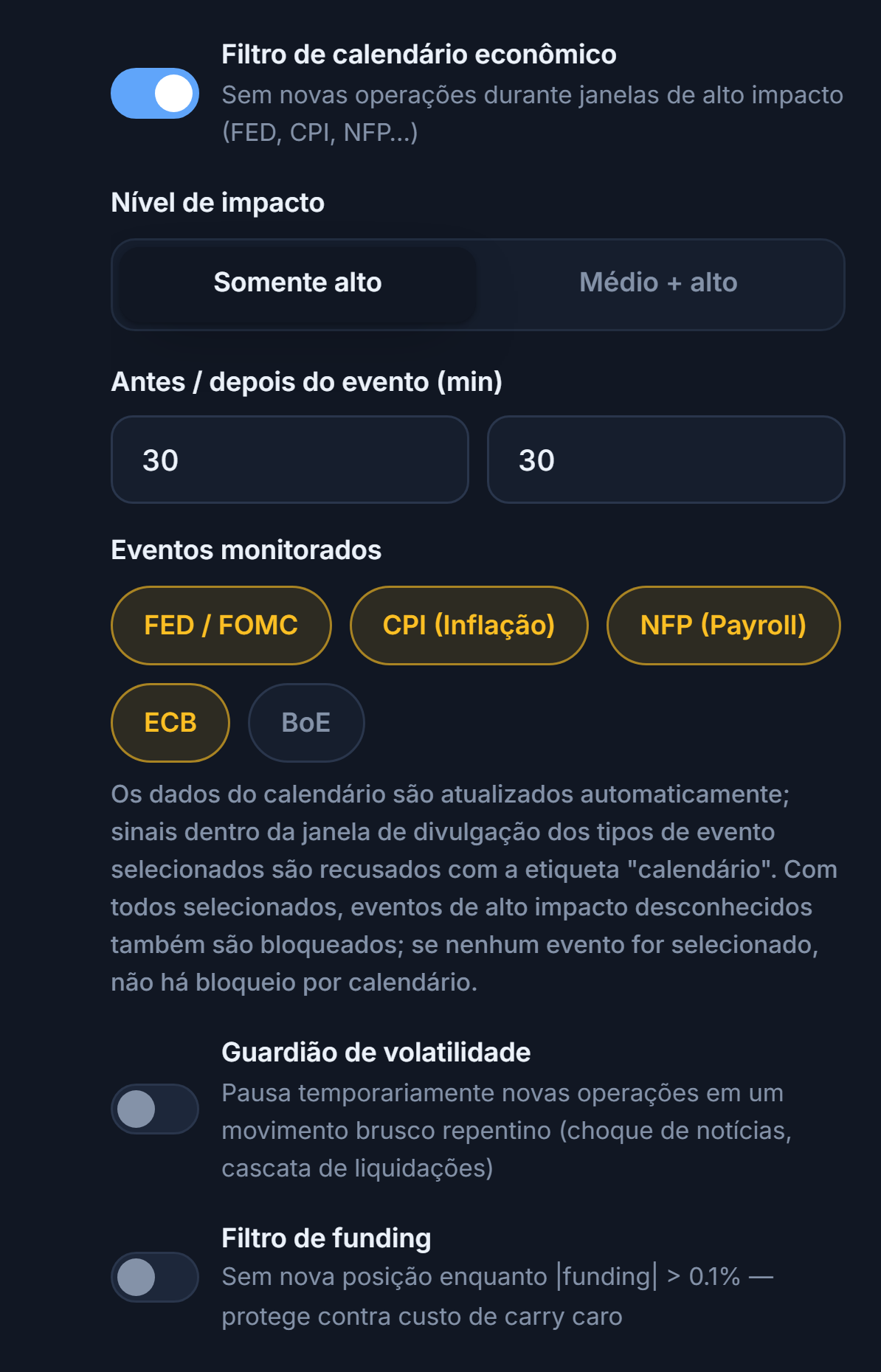 Coluna de mercado do Escudo de Proteção: filtro de calendário econômico, nível de impacto, minutos antes e depois do evento, eventos monitorados, guardião de volatilidade e filtro de funding