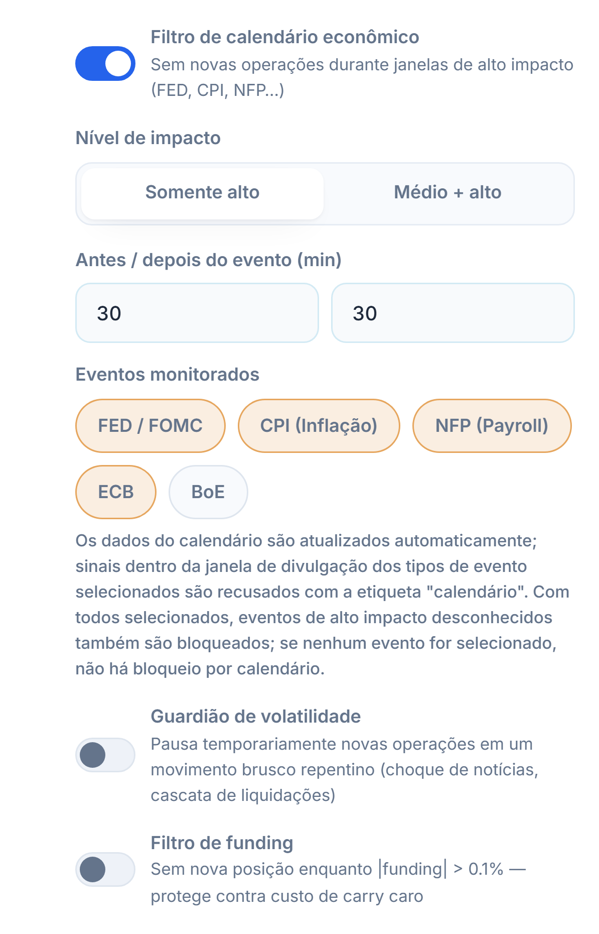 Coluna de mercado do Escudo de Proteção: filtro de calendário econômico, nível de impacto, minutos antes e depois do evento, eventos monitorados, guardião de volatilidade e filtro de funding