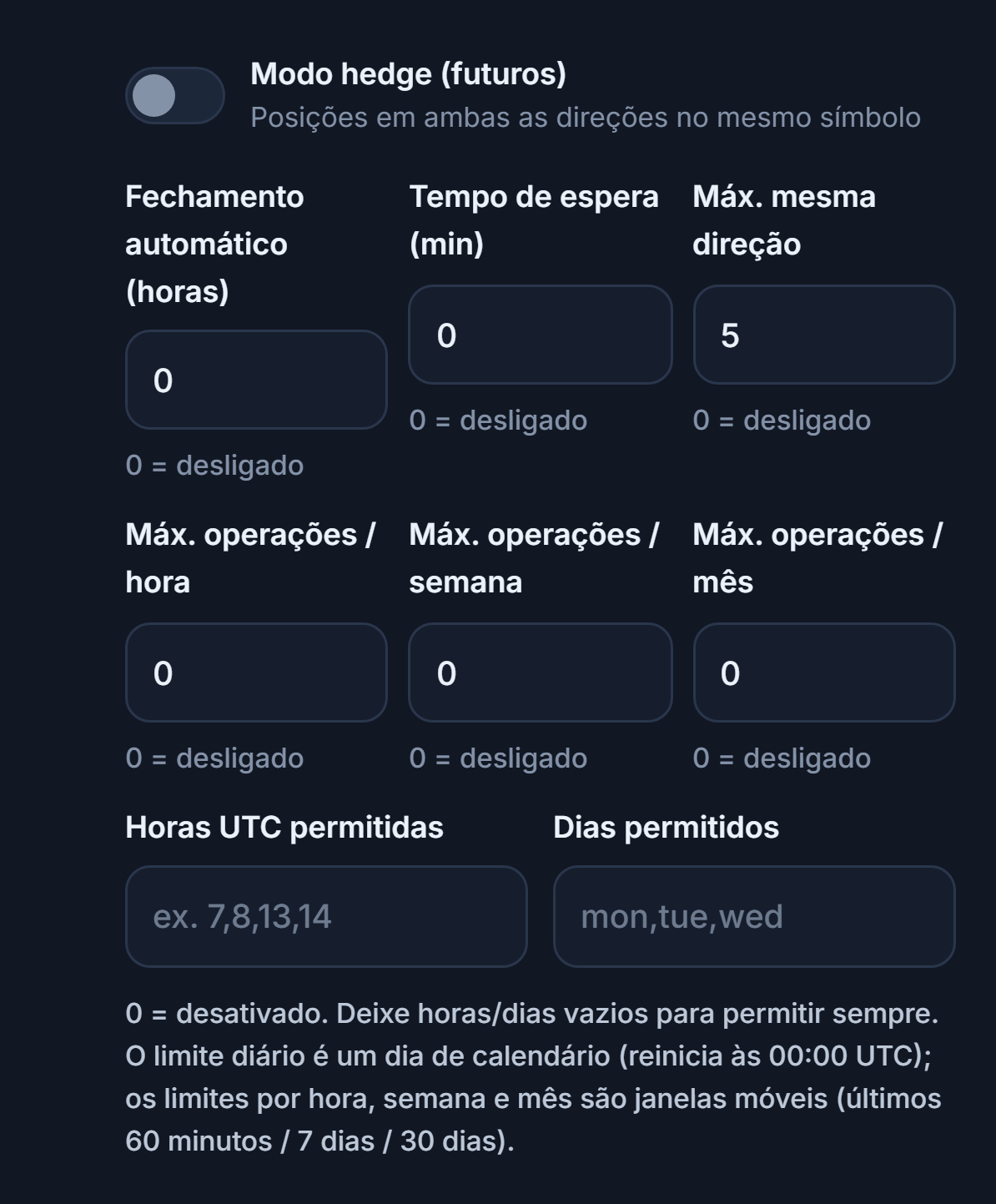 Execução Avançada: Modo hedge, Fechamento automático, Tempo de espera, Máx. mesma direção, limites de operações por hora, semana e mês, horas UTC permitidas e dias permitidos